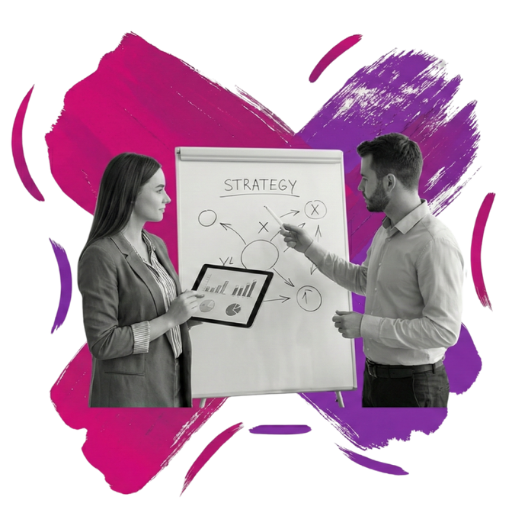 Mężczyzna i kobieta stojący przy tablicy z mazakiem oraz tabletem z wynikami i prezentacją. Na tablicy omawiana jest strategia.