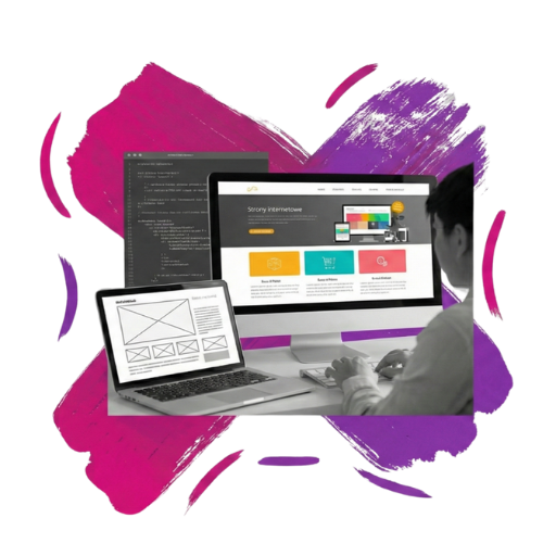 Mężczyzna siedzący przed monitorem, obok niego leży laptop, a za monitorem jest wizualnie wyświetlony edytor kodu