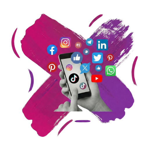 Telefon w ręku, a nad nim ikony różnych social mediów.