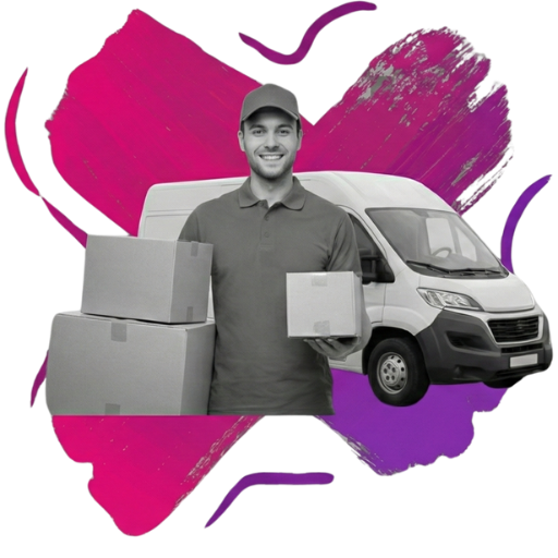 Zdjęcie kuriera, który stoi na tle samochodu kurierskiego i trzyma w ręku przesyłki
